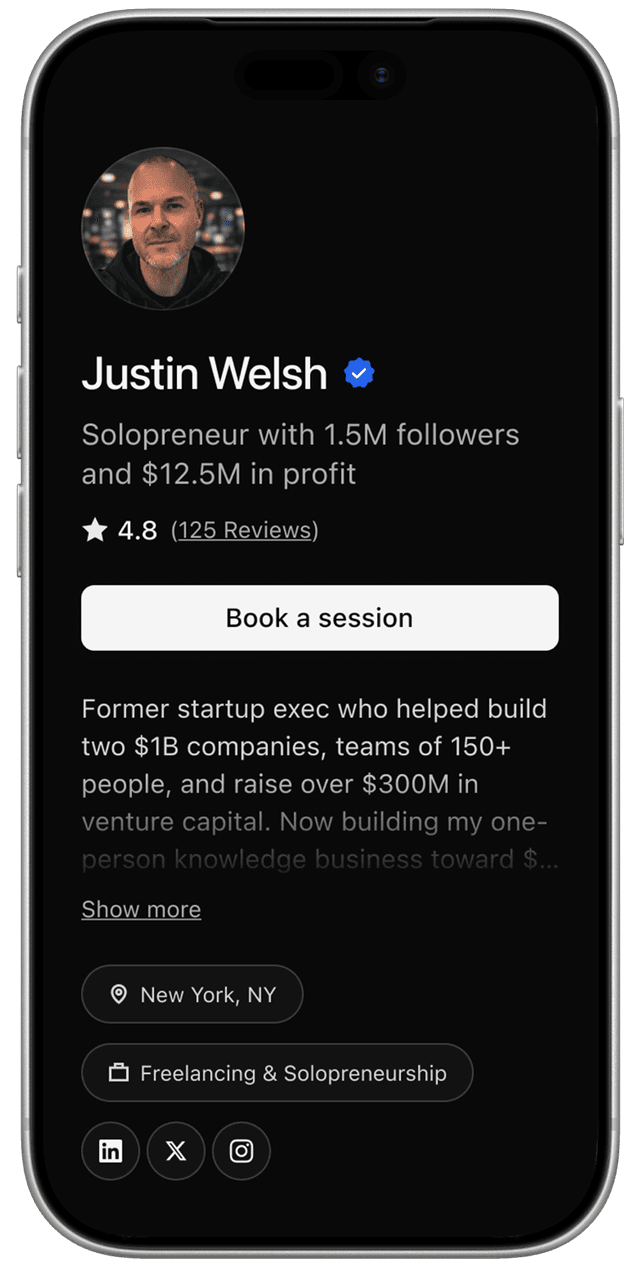 Expert profile page on mobile showing interview coach Sally Linden