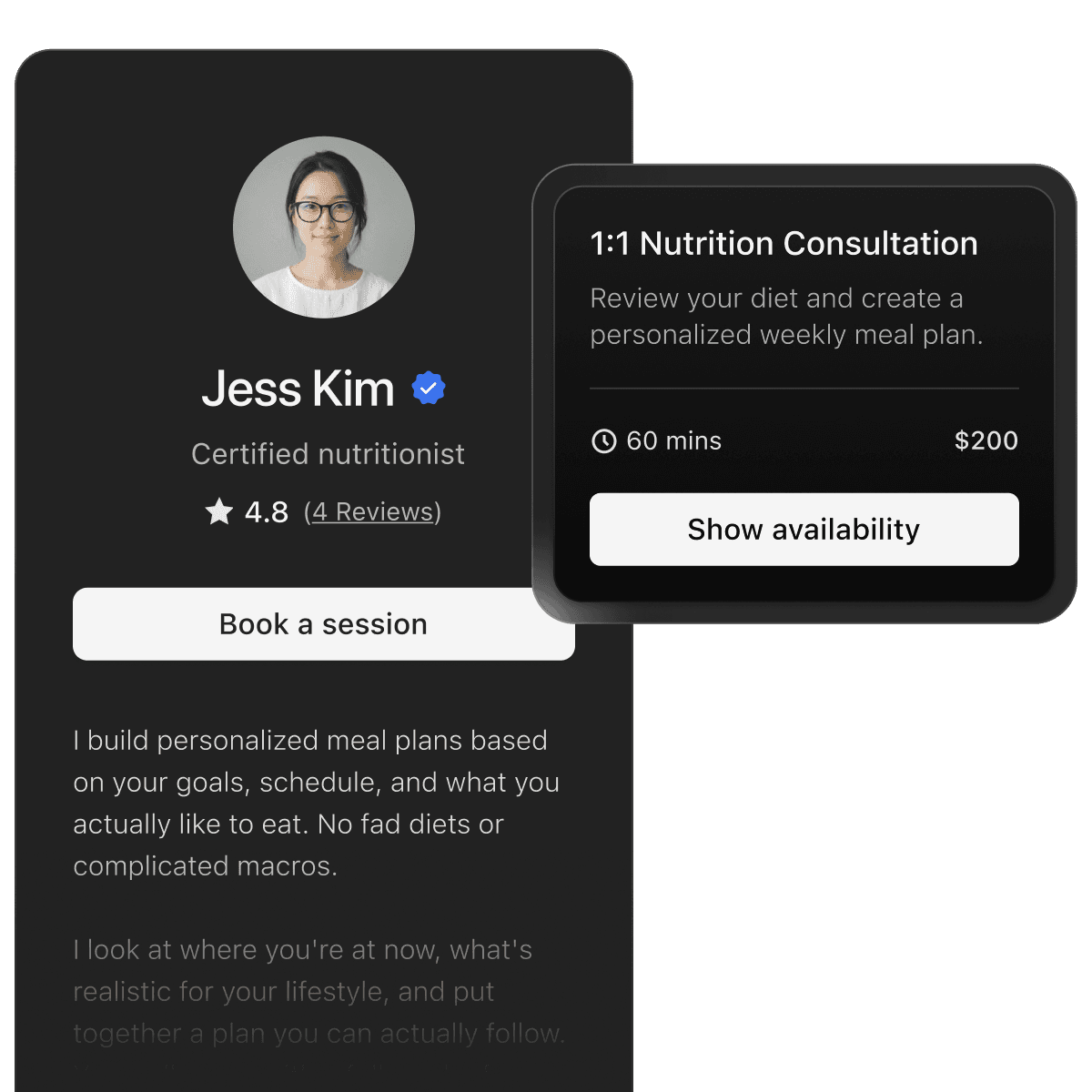 Expert profile page showing a certified nutritionist with session booking